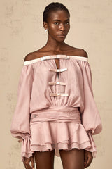 Dulcie pink off-shoulder bowknot flounced mini dress