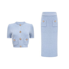 Chantal blue knit blouse & skirt matching set