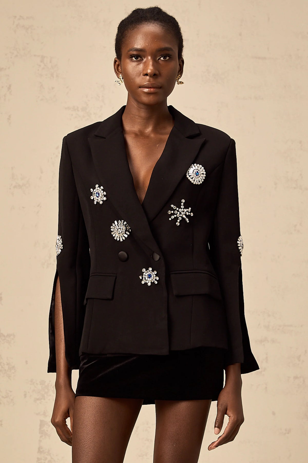 Geltrude black crystal-embellished slit-cuff blazer