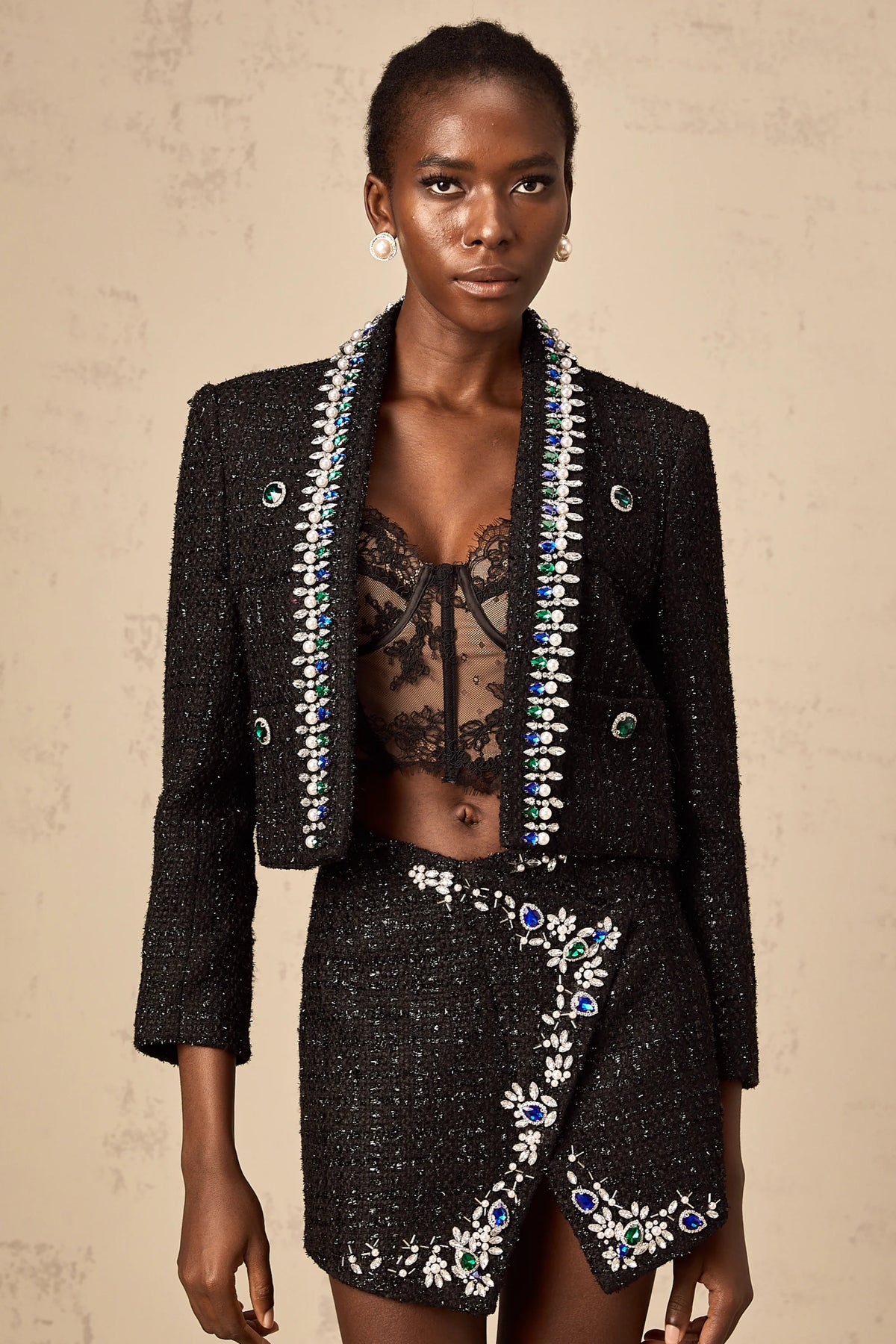 Delphine black crystal tweed jacket & skirt matching set
