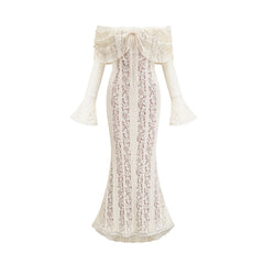 Émeline floral lace flared-cuff maxi dress in Neutrals