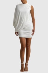 Jago Asymmetric Shawl One Shoulder Ruched Mini Dress - White