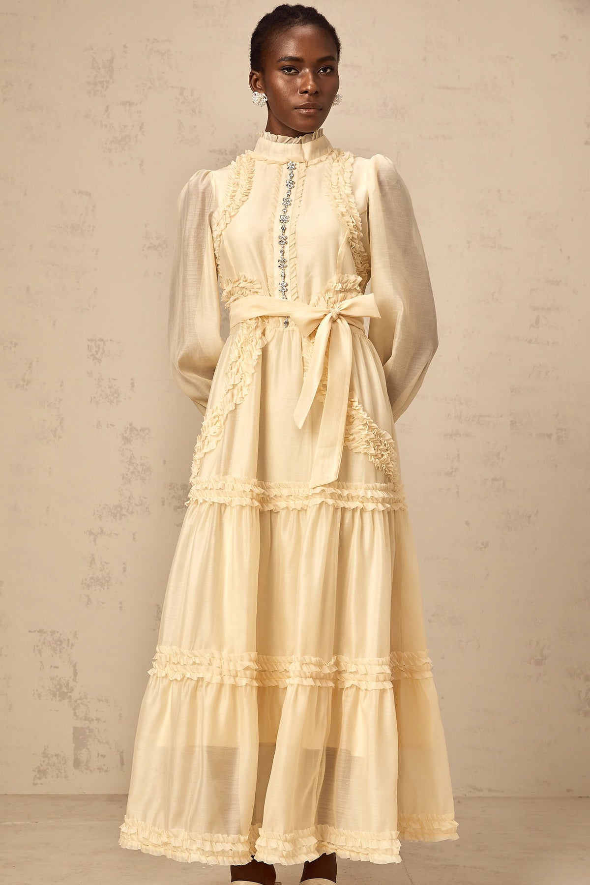 Marceline yellow ruffled-trim tiered midi dress