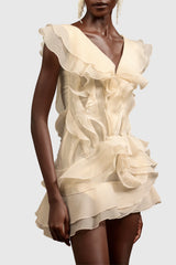 Kellan Off Shoulder Ruffle Mini Dress - Beige