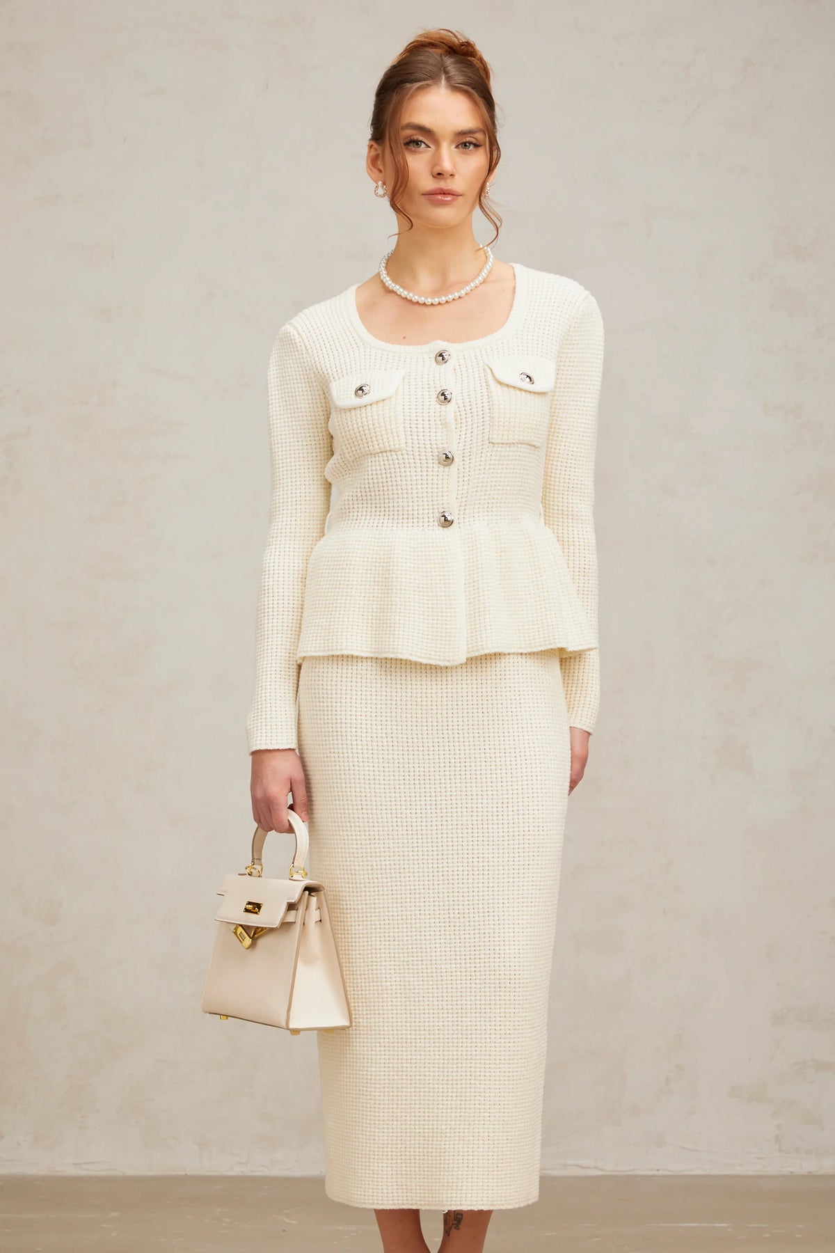 Manon white knitted top & skirt matching set