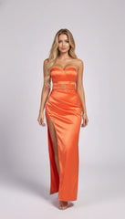 Glamorous Orange Satin Strapless High-Slit Corset Maxi Dress