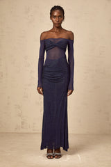 Hermine dark-blue embellished tulle-panel corset maxi dress
