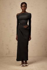 Estelle off-shoulder semi-sheer midi dress in Black