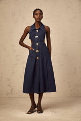 Flavie dark-blue cut-out denim midi dress