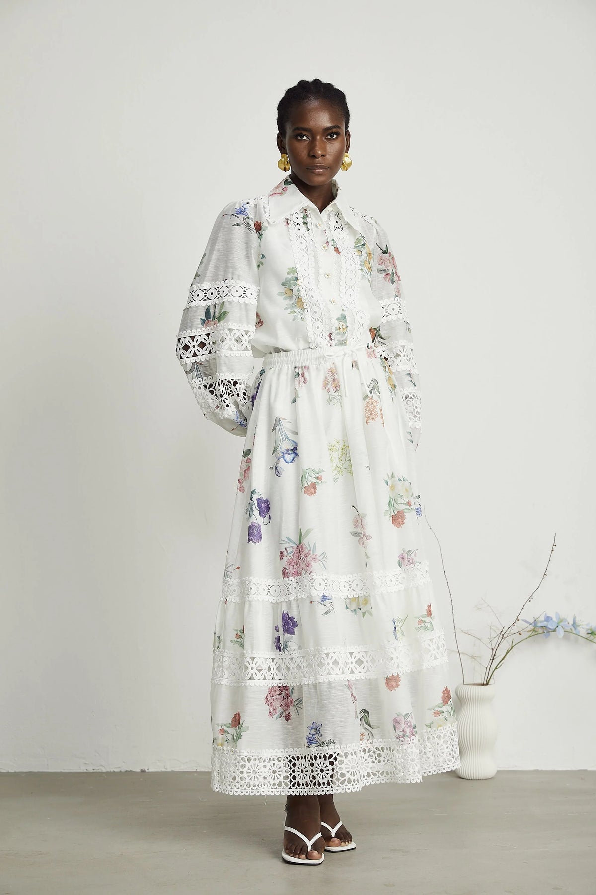 Manon floral-print cut-out shirt & skirt matching set