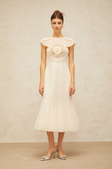 Bérengère white jacquard tulle-panel midi dress