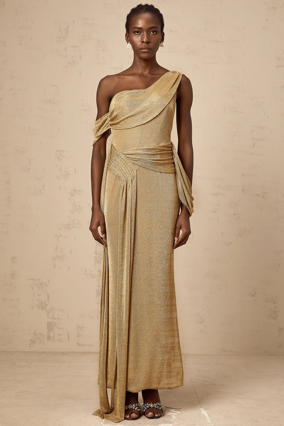 Anne gold ribbon-design gathered maxi dress