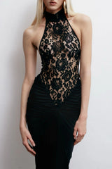 Eileen Halter Lace Ruched Maxi Dress