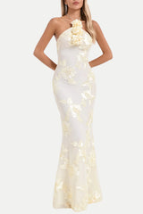 Aenkins Floral Halter Maxi Dress - Beige