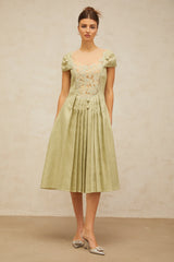 Marianne green flower-motif pleated midi dress