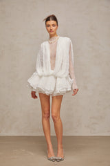 Isoline white semi-sheer lace top & shorts & dress matching set