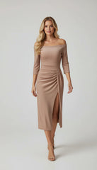 Elegant Off-Shoulder Shimmer Ruched High-Slit Midi Dress