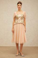 Anaëlle pink-beige flower-embroidery tulle midi dress