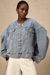 Isabelle blue collarless denim jacket