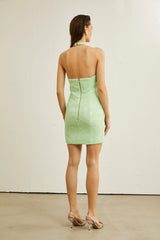 Hélène green halterneck fringed mini dress