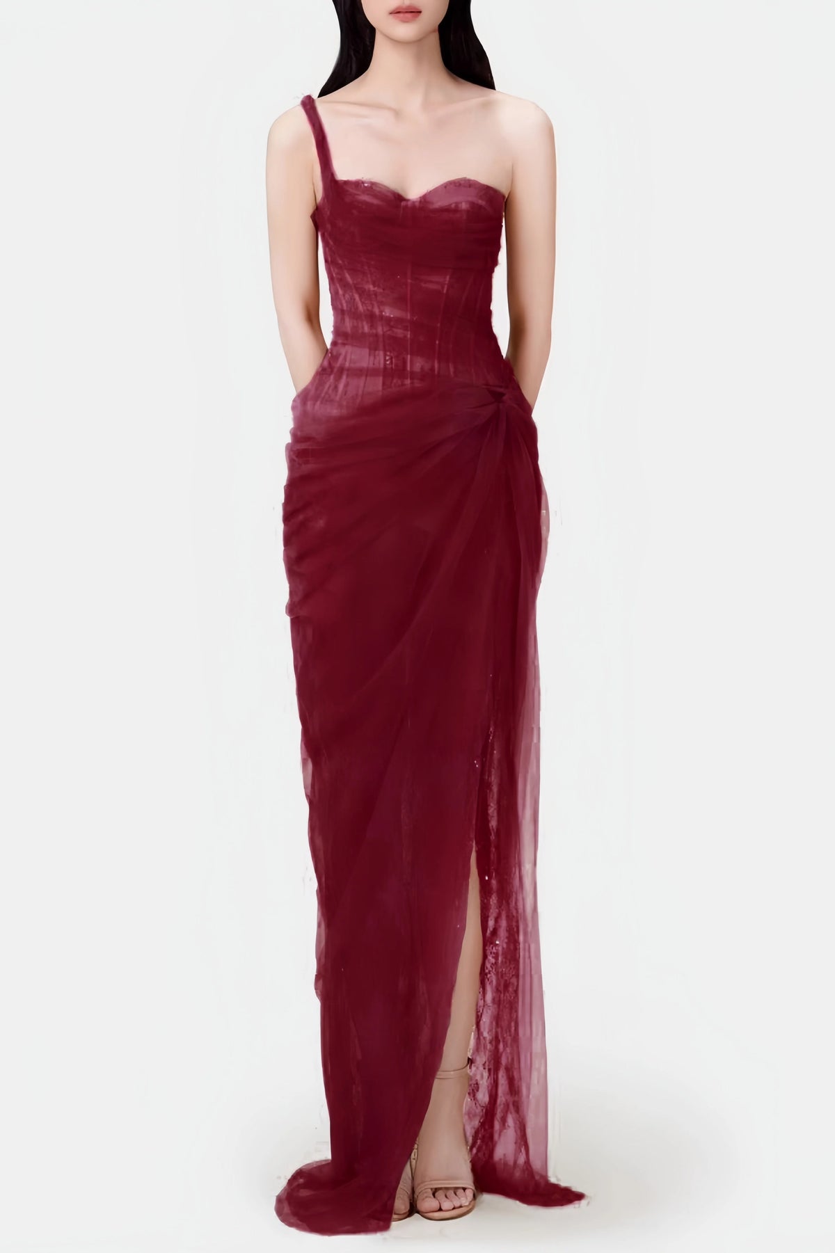 Inina Lace Corset One Shoulder Midi Dress - Wine