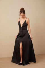 Blanche black satin V-neck front-slit maxi dress