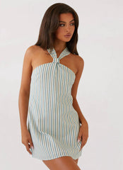 Keira Linen Micro Mini Dress - Blue Choc Stripe