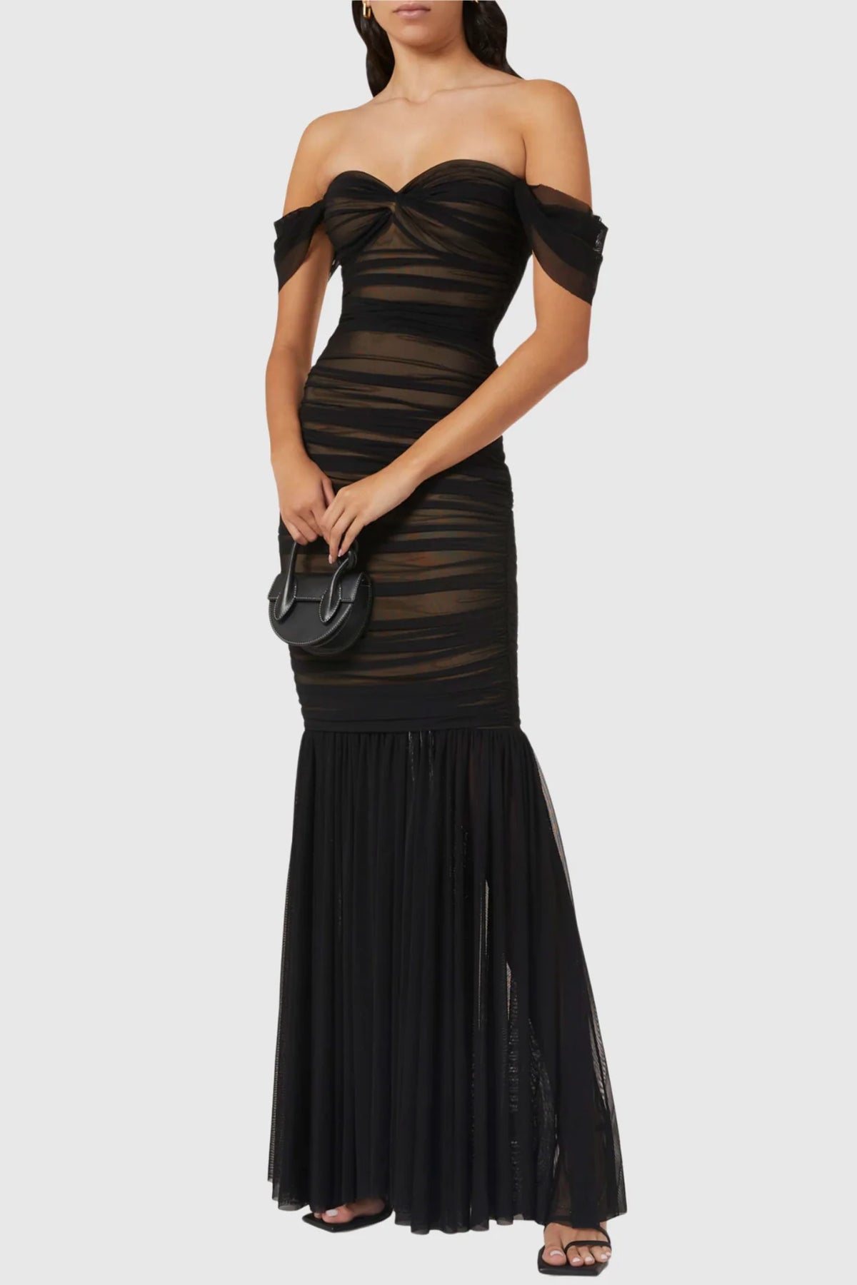 Cadhla Off Shoulder Ruched Mesh Maxi Dress