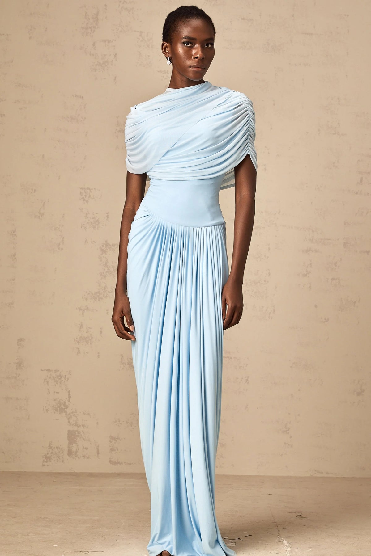 Catherine asymmetric pleated maxi dress in Baby-blue