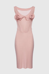 Dinella Floral Appliqué Corset Midi Dress - Pink