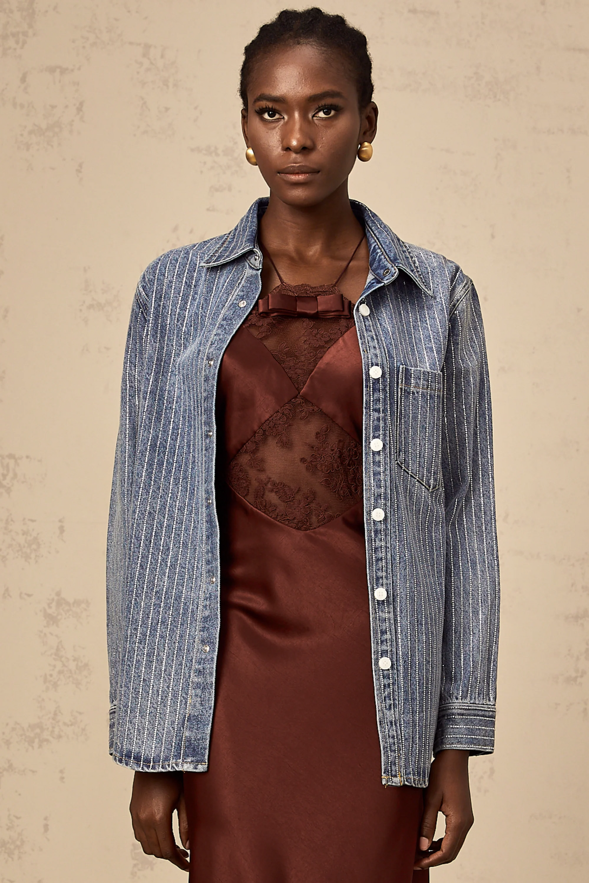 Joséphine blue embellished vertical-stripe denim shirt