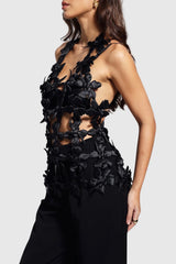 Juliete Floral Cutout Backless Top - Black