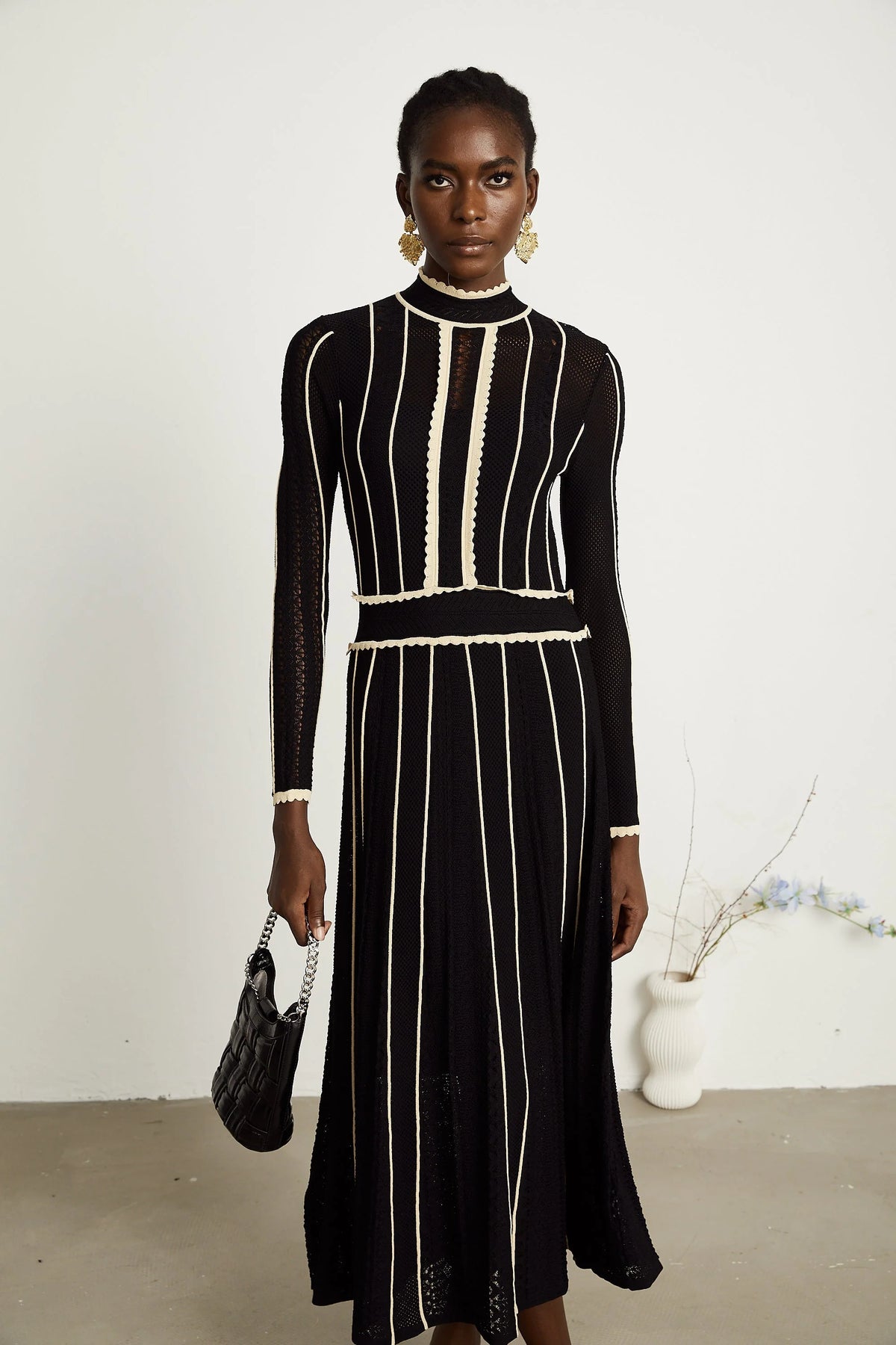 Maëlys black vertical-stripe netted maxi dress