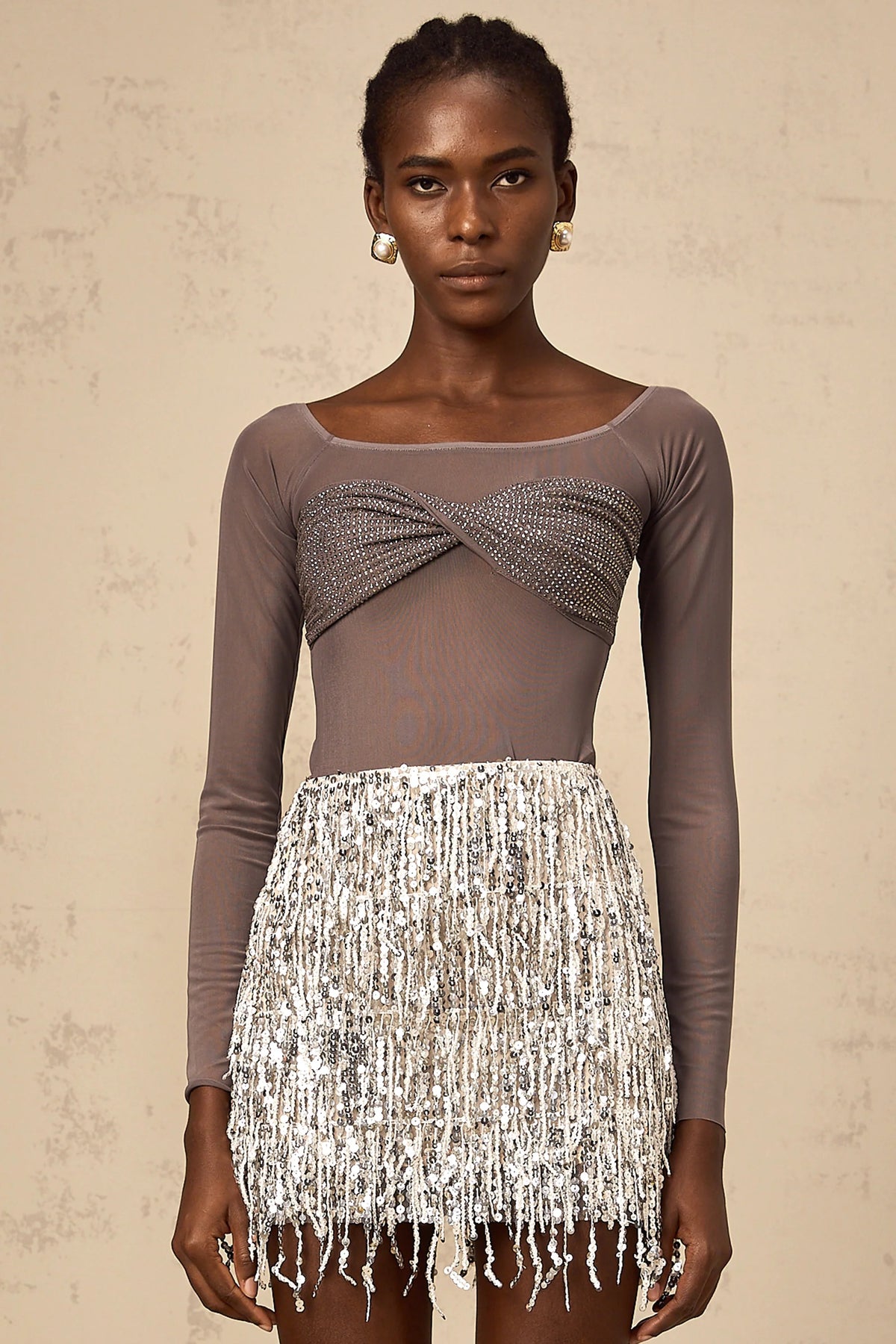 Félicie grey twist-detail embellished tulle top