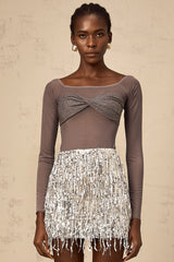 Félicie grey twist-detail embellished tulle top