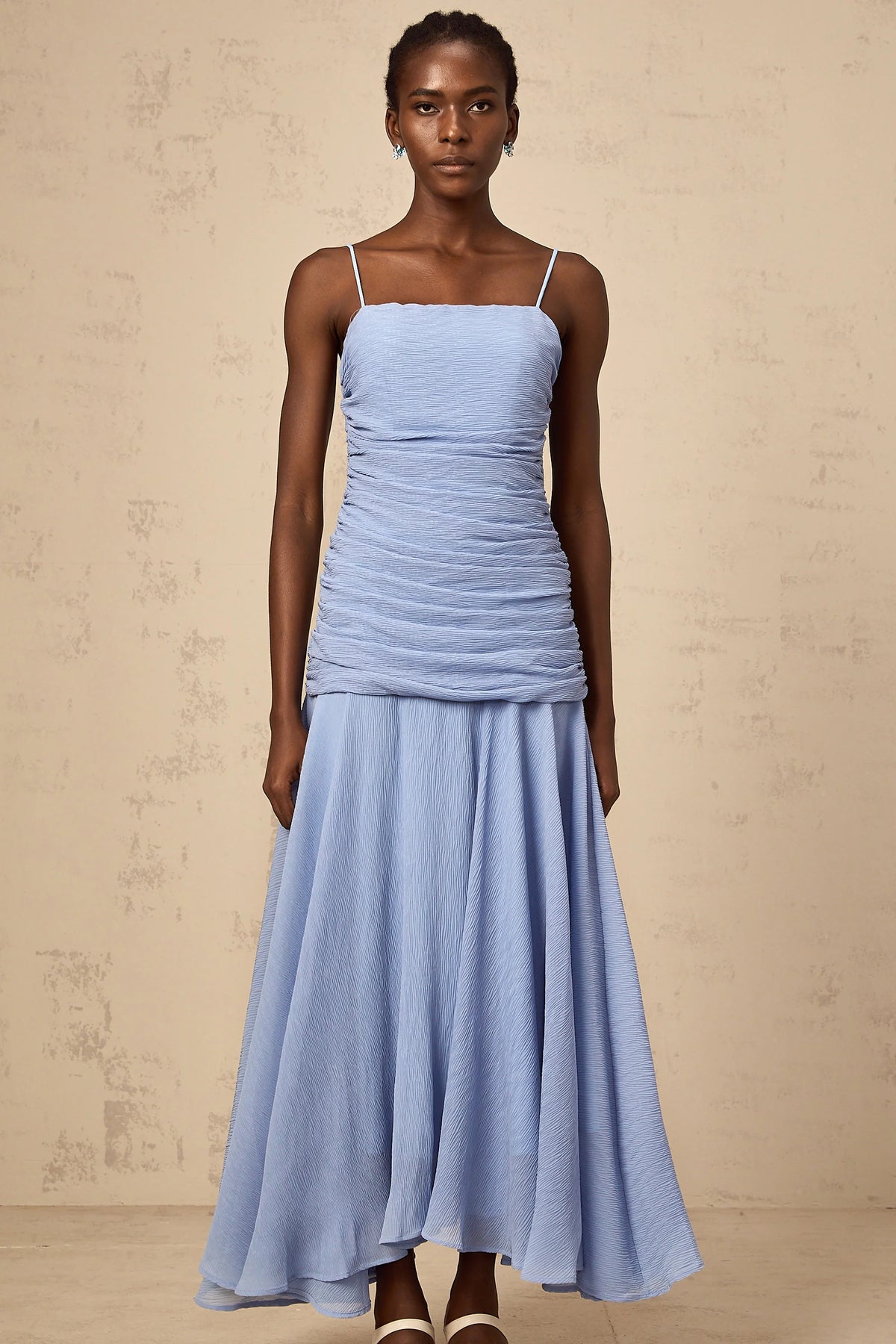 Marion blue ruched chiffon maxi dress