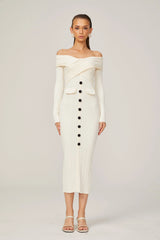 Karine white off-shoulder rib-knit midi dress