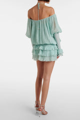 Inaki Halter Pleated Ruffle Mini Dress - Blue