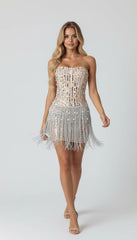Glamorous Strapless Pearl Sequin Fringe Mini Dress