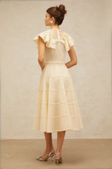 Irène neutrals belted pointelle-trim ruffled midi dress