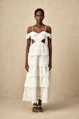 Genevieve white lace open-work maxi dress